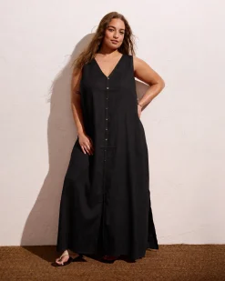 Islet Button-Down Linen Blend Maxi Dress Black