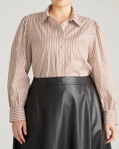 Janet Tie-Neck Cotton Poplin Shirt Allspice/White Stripe
