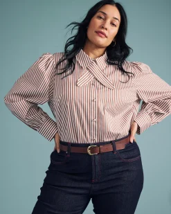 Janet Tie-Neck Cotton Poplin Shirt Allspice/White Stripe