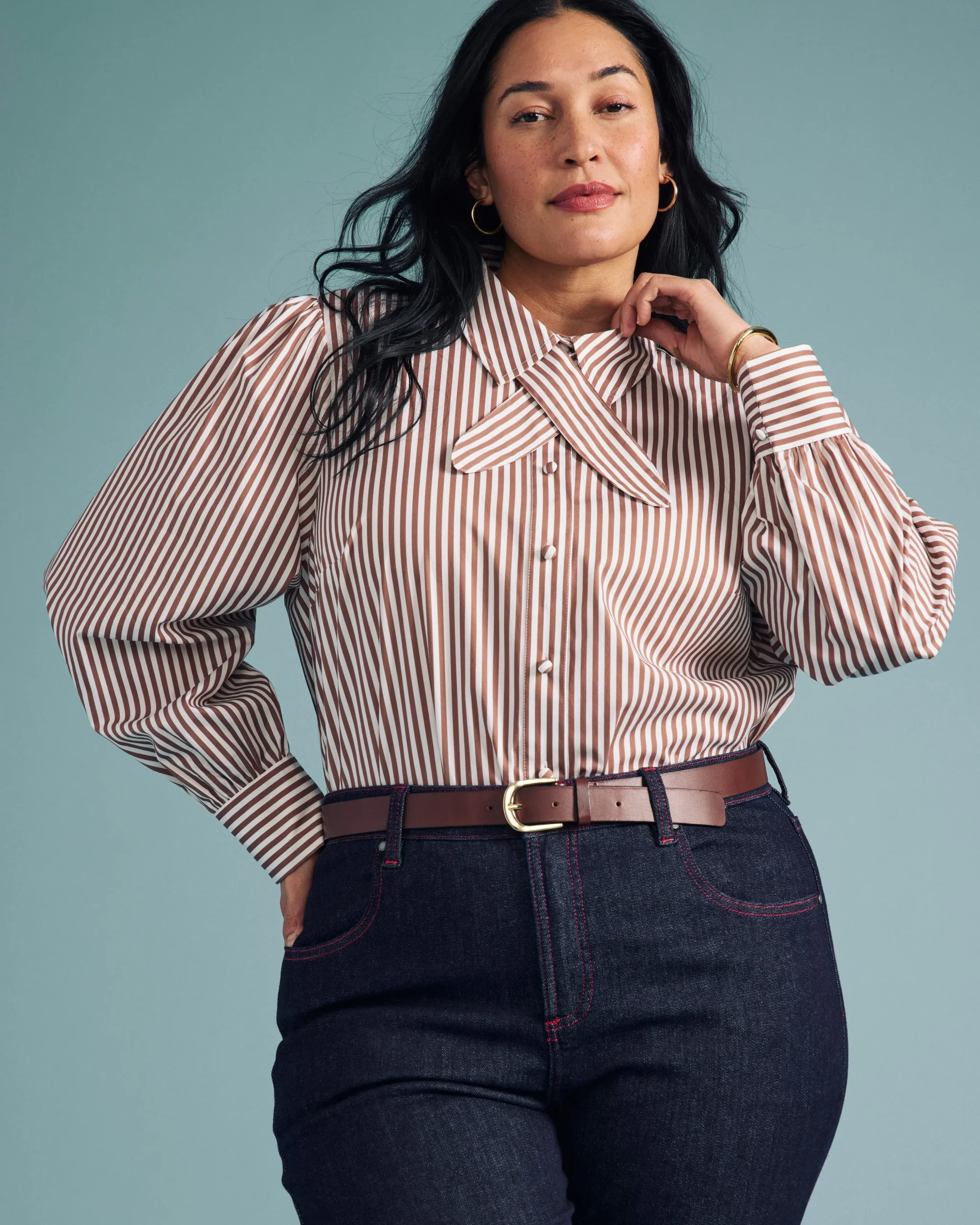 Janet Tie-Neck Cotton Poplin Shirt Allspice/White Stripe
