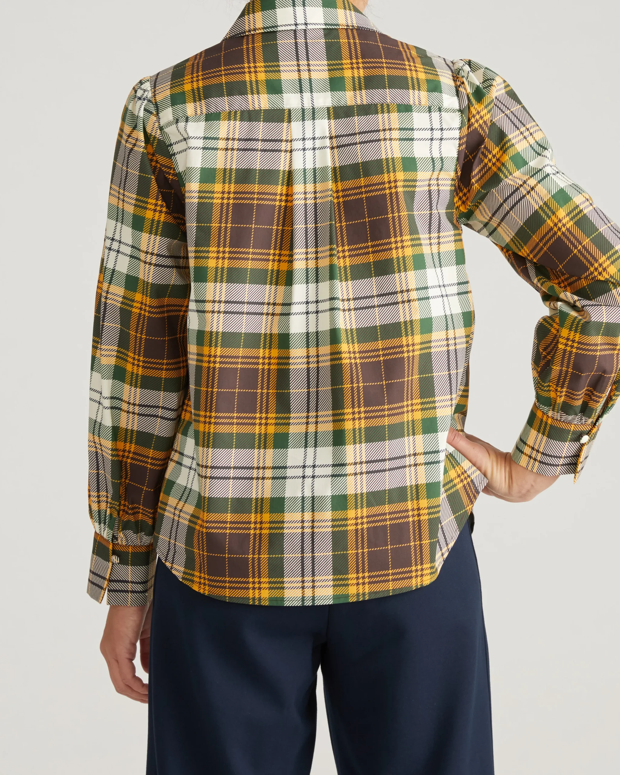Janet Tie-Neck Cotton Poplin Shirt Brown Plaid