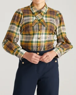 Janet Tie-Neck Cotton Poplin Shirt Brown Plaid