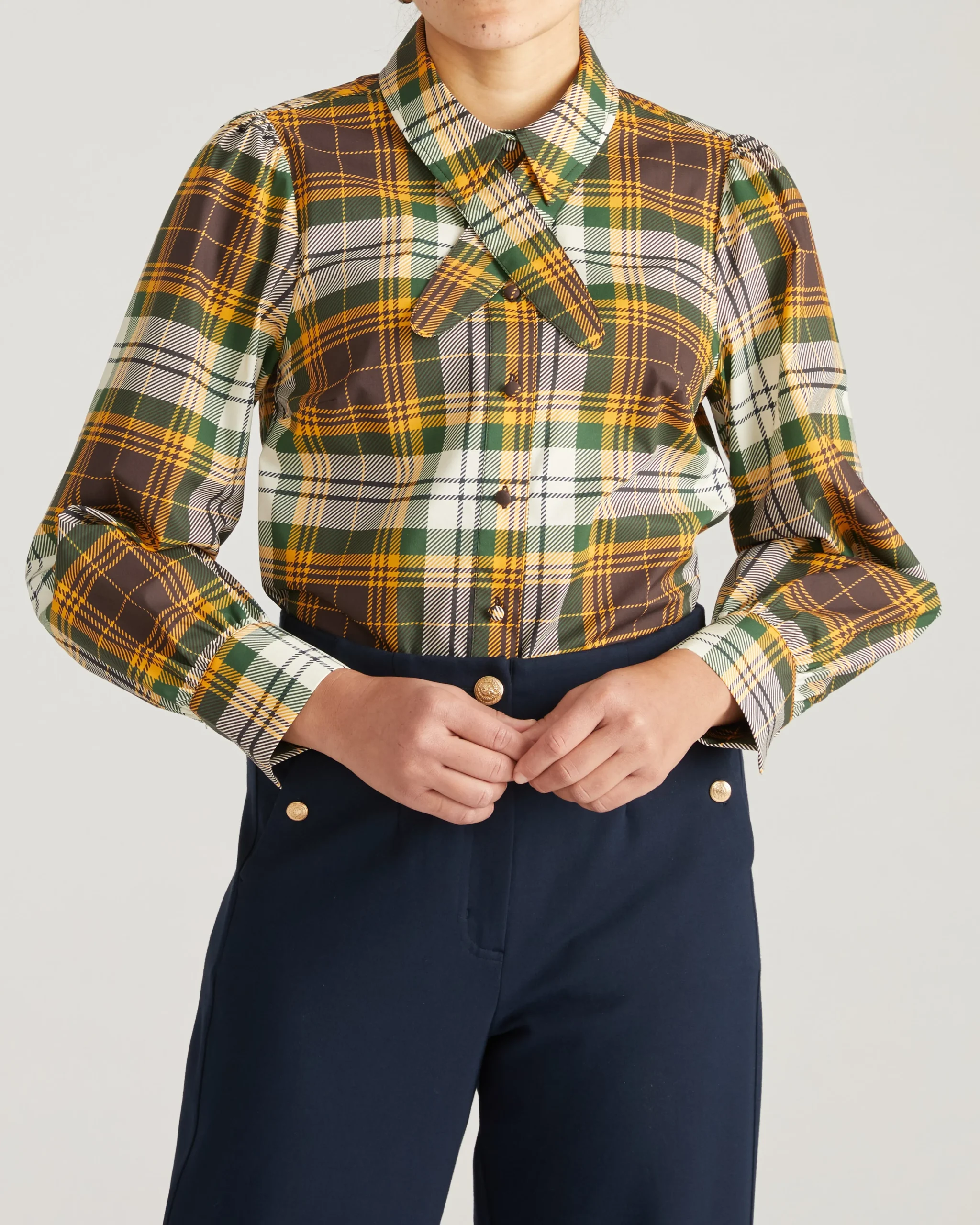 Janet Tie-Neck Cotton Poplin Shirt Brown Plaid