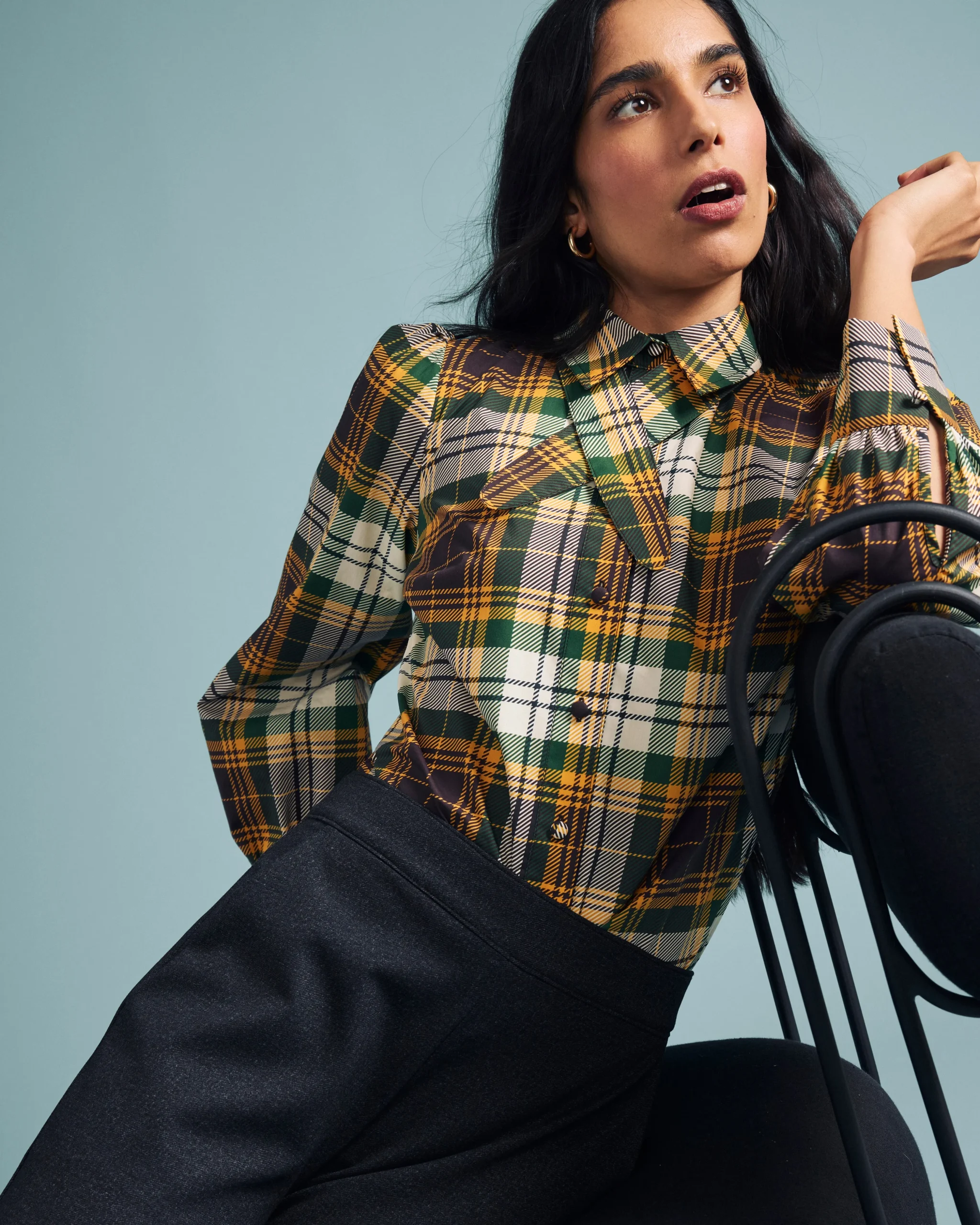 Janet Tie-Neck Cotton Poplin Shirt Brown Plaid