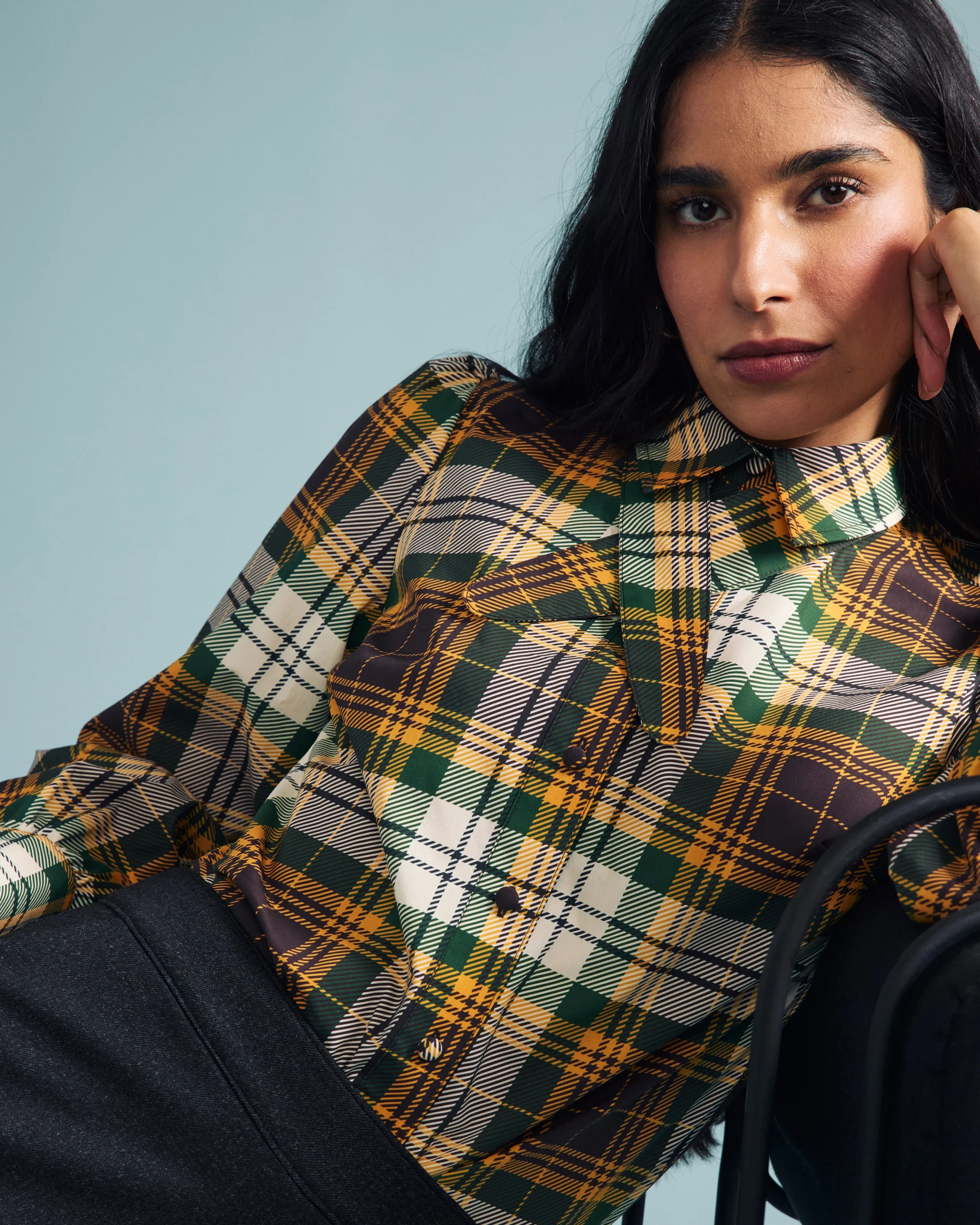 Janet Tie-Neck Cotton Poplin Shirt Brown Plaid