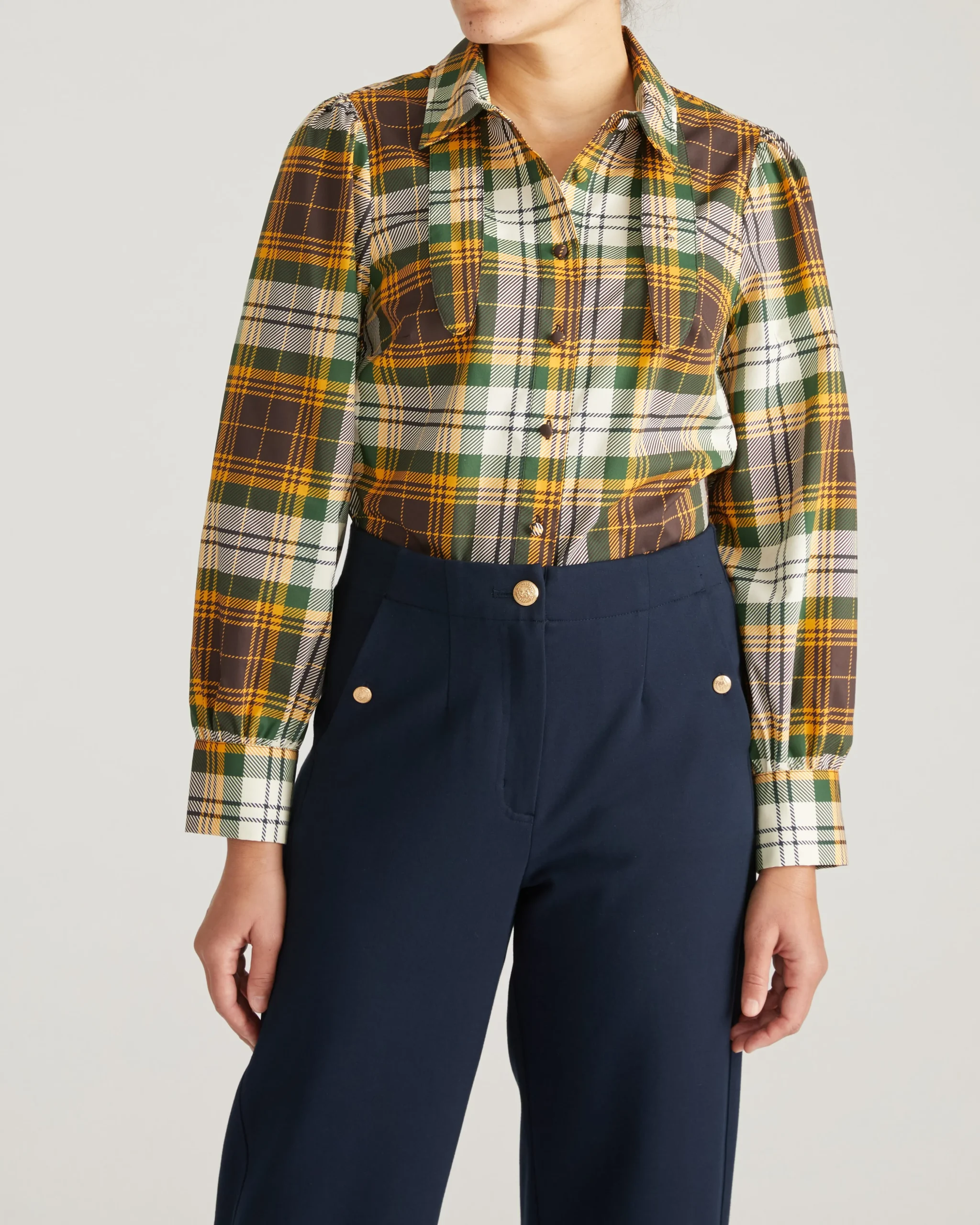 Janet Tie-Neck Cotton Poplin Shirt Brown Plaid