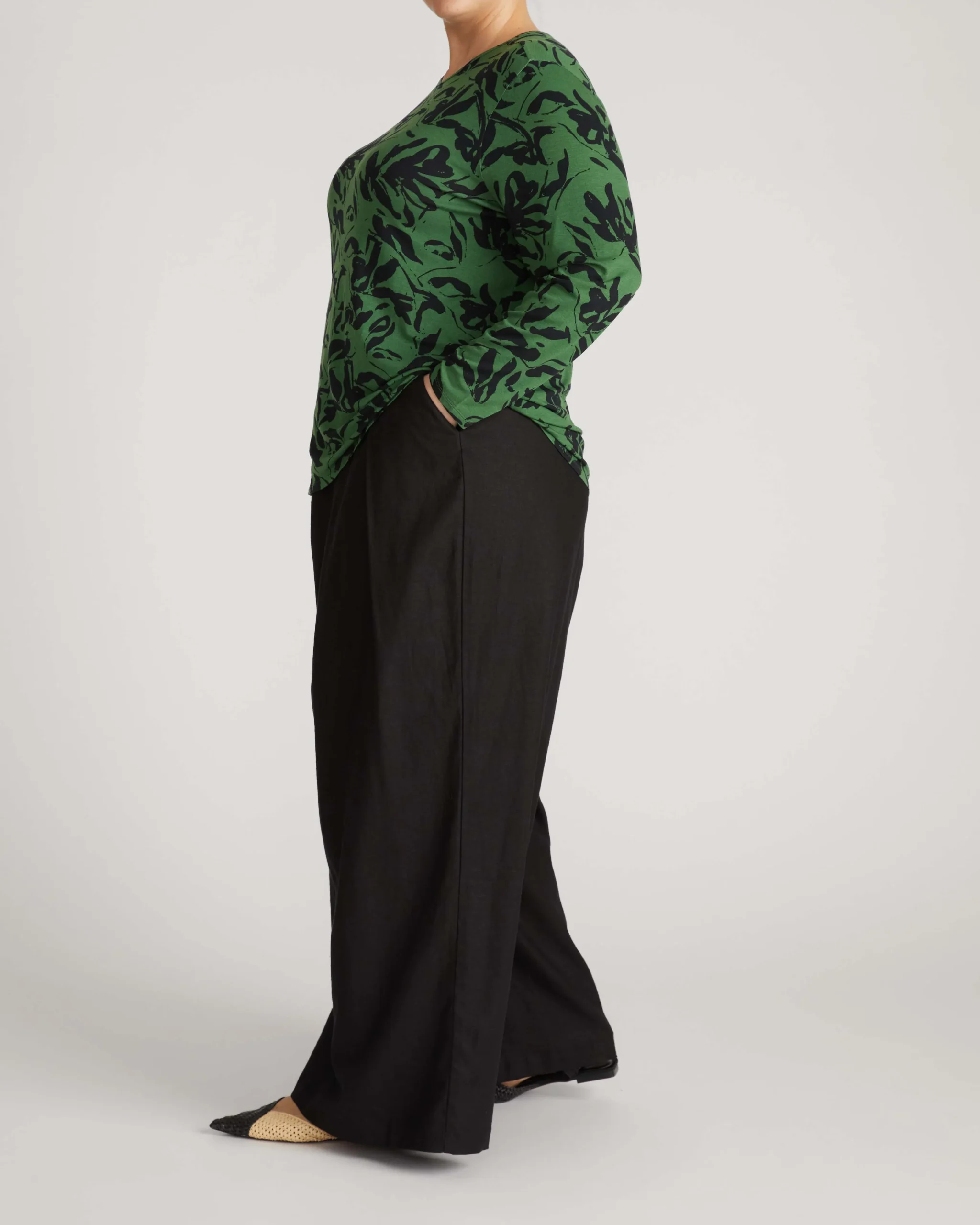 Joan Liquid Jersey Long Sleeve Top Green Sgraffito Print