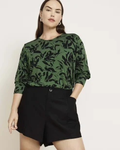 Joan Liquid Jersey Long Sleeve Top Green Sgraffito Print