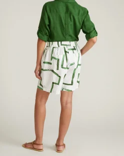 Juniper Linen Blend Easy Pull-On Shorts Green Paint Print