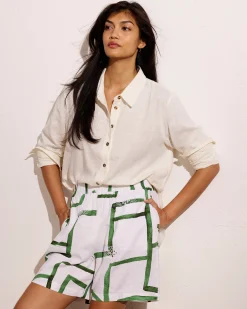 Juniper Linen Blend Easy Pull-On Shorts Green Paint Print
