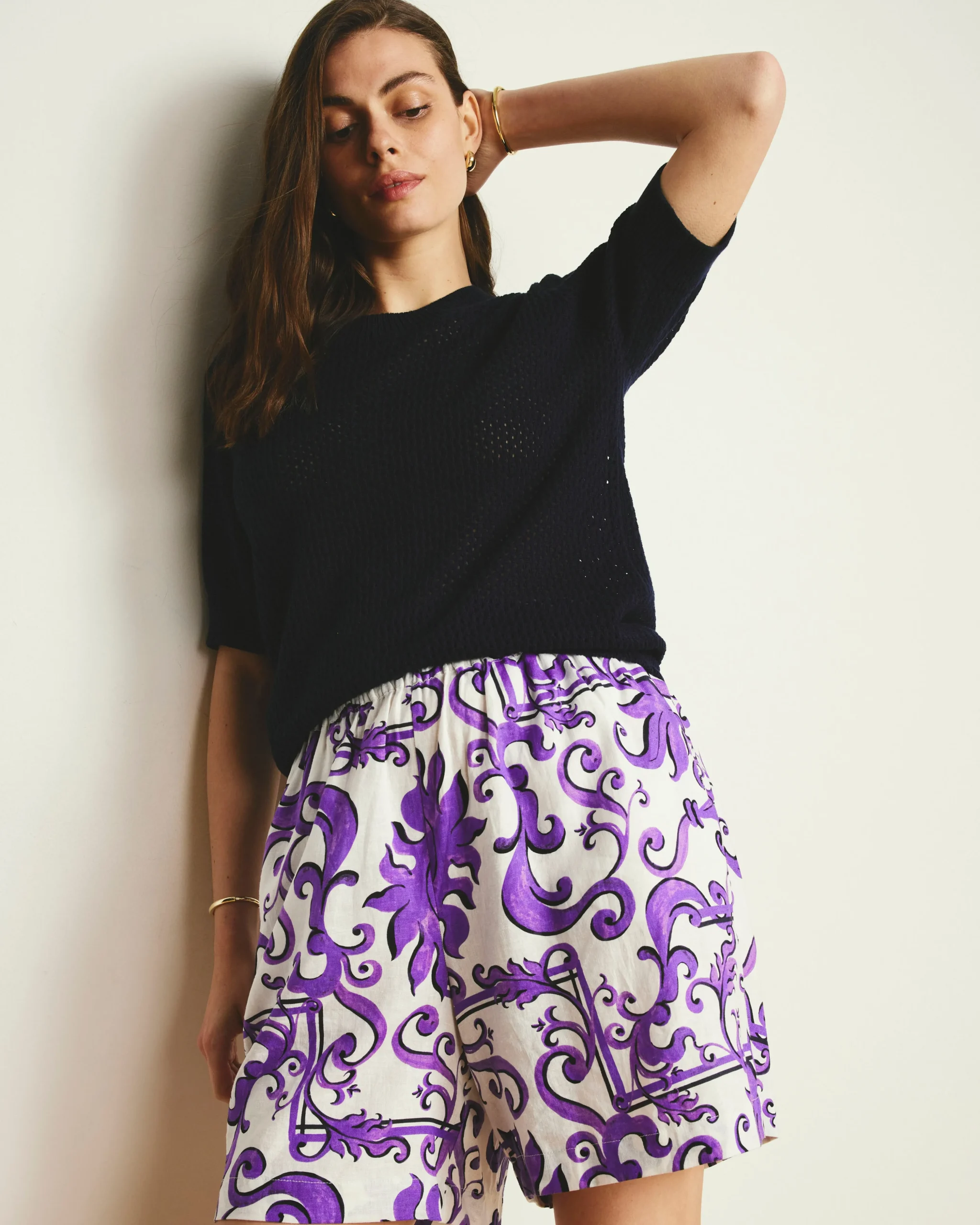 Juniper Linen Blend Easy Pull-On Shorts Purple Majolica Print