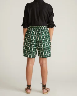 Juniper Linen Blend Easy Pull-On Shorts Green Trellis Print