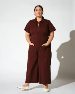 Kate Stretch Cotton Twill Jumpsuit Black Cherry