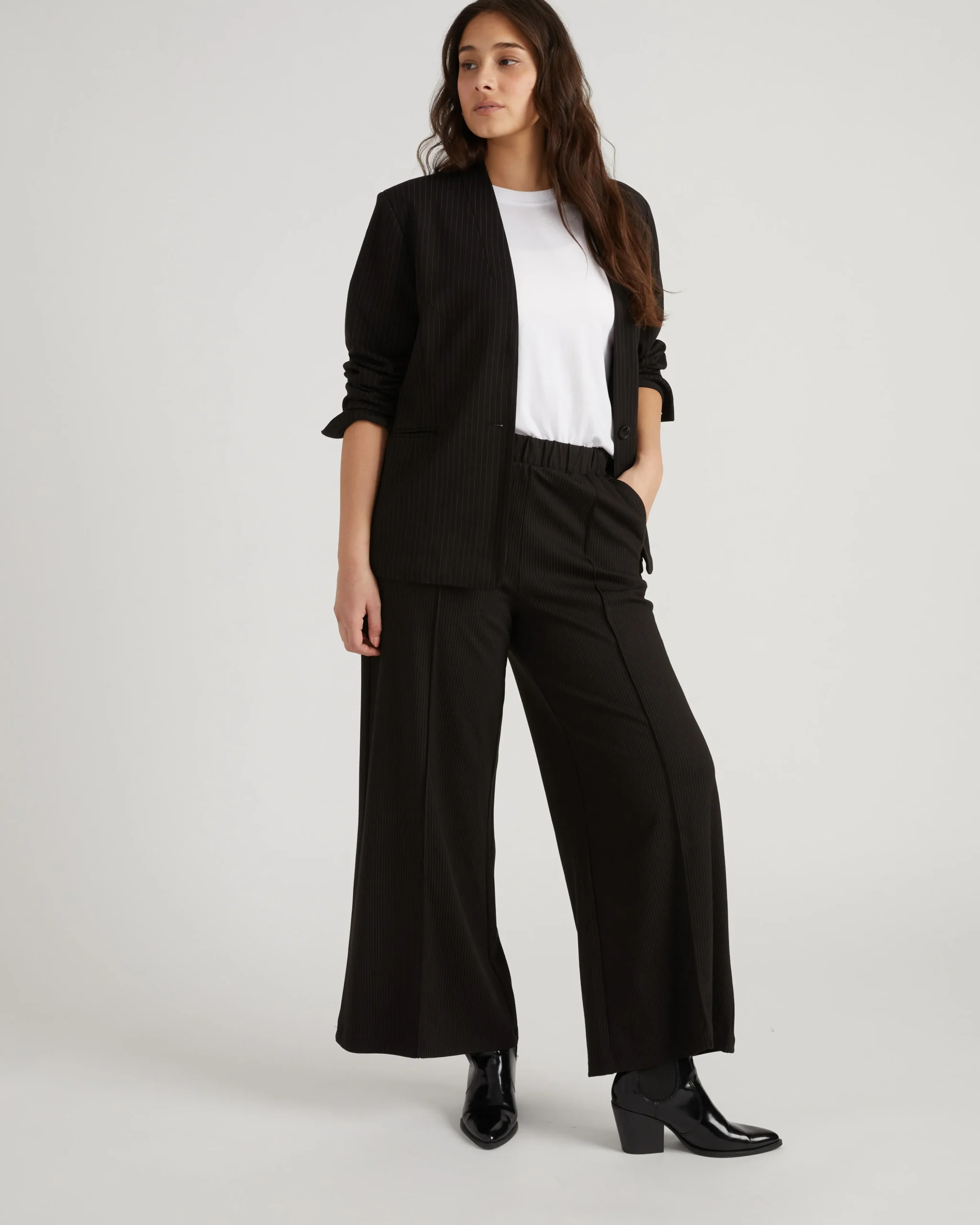 Lennox Collarless Ponte Blazer Slate Pinstripe
