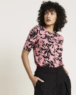 Lily Liquid Jersey Crew Neck Stovepipe Tee Pink Sgraffito Print