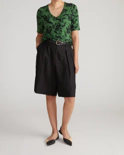 Lily Liquid Jersey V-Neck Stovepipe Tee Green Sgraffito Print