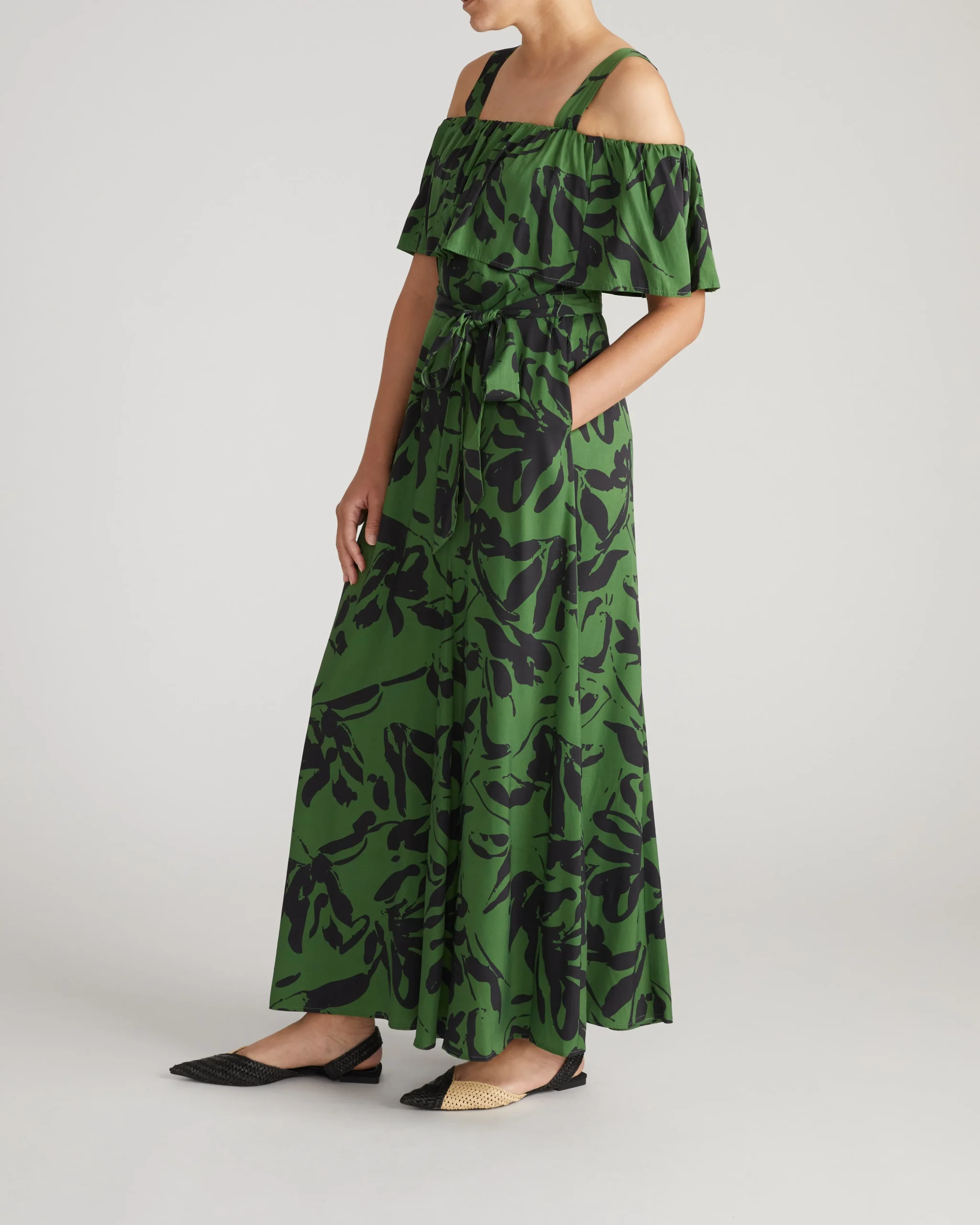 Lisbon Convertible Stretch Cupro Maxi Dress Green Sgraffito Print