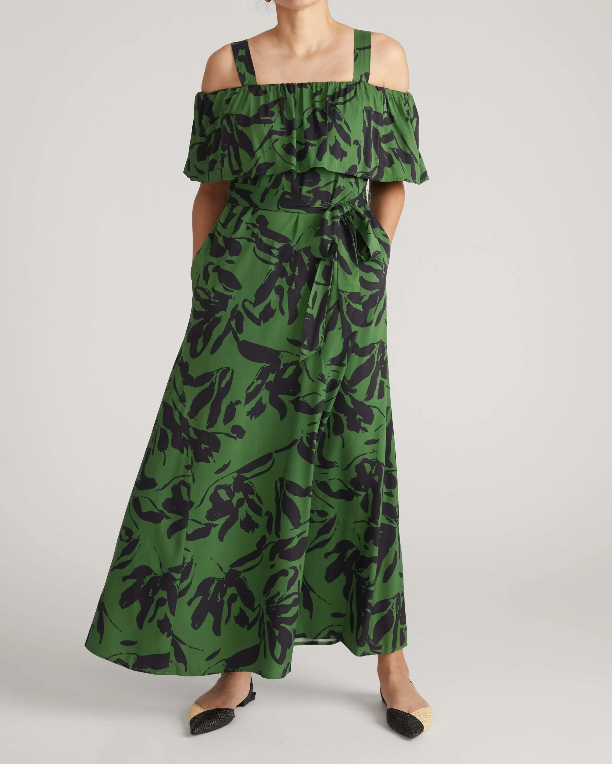 Lisbon Convertible Stretch Cupro Maxi Dress Green Sgraffito Print