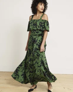 Lisbon Convertible Stretch Cupro Maxi Dress Green Sgraffito Print