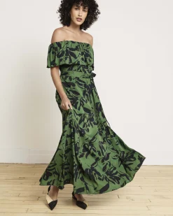 Lisbon Convertible Stretch Cupro Maxi Dress Green Sgraffito Print
