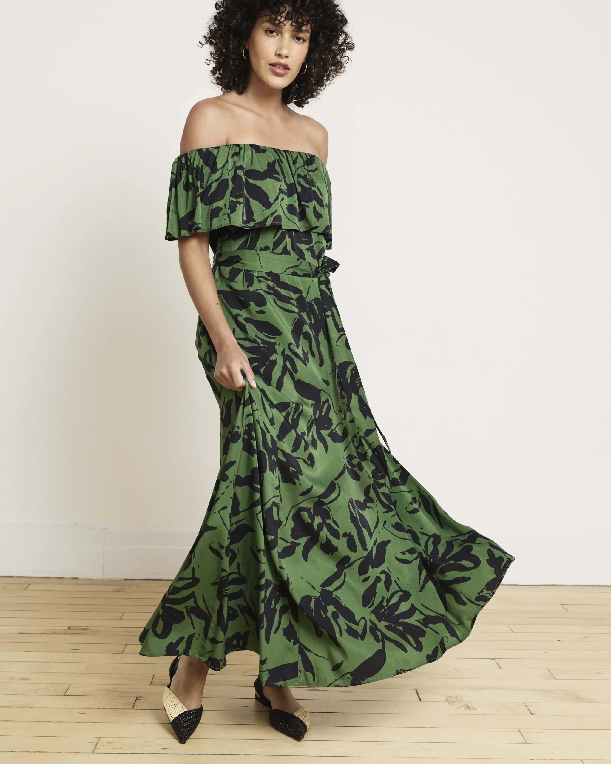 Lisbon Convertible Stretch Cupro Maxi Dress Green Sgraffito Print