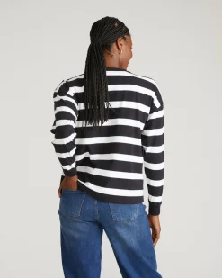 Long Sleeve Relaxed Tee Black/White Stripe with Aqua Edge