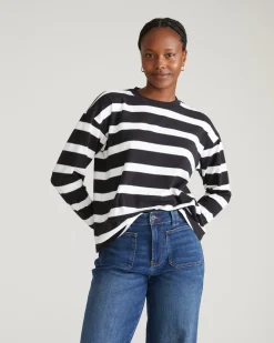 Long Sleeve Relaxed Tee Black/White Stripe with Aqua Edge