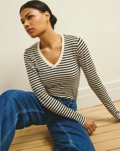 Long Sleeve V Rex Ecru/Black Stripe