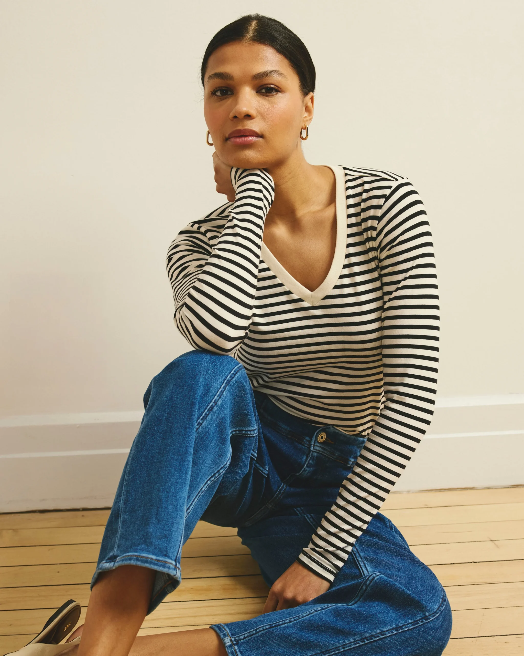 Long Sleeve V Rex Ecru/Black Stripe