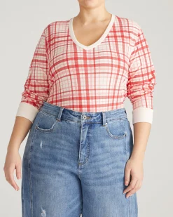 Long Sleeve V Rex Red Plaid Print