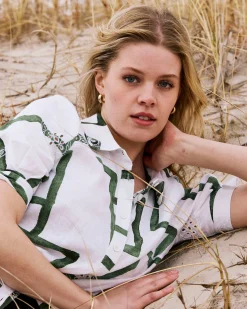 Luisa Short Sleeve Linen Blend Shirt Green Paint Print