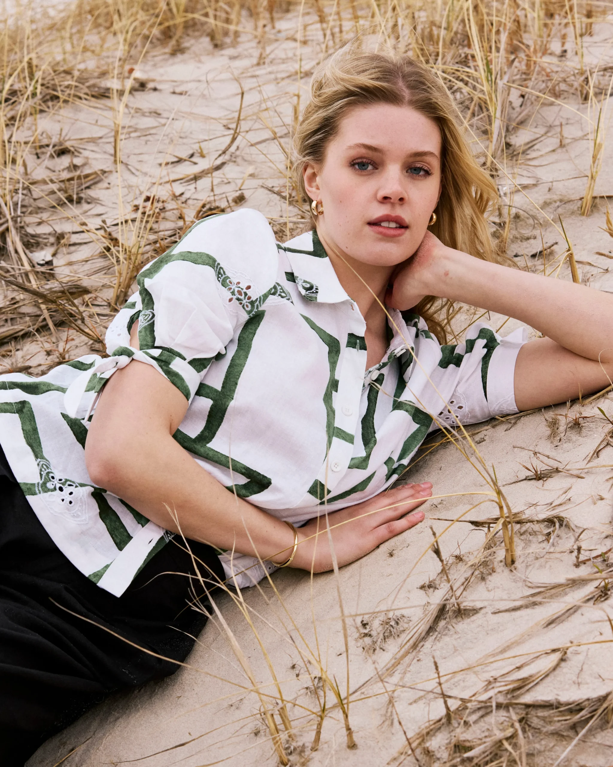 Luisa Short Sleeve Linen Blend Shirt Green Paint Print
