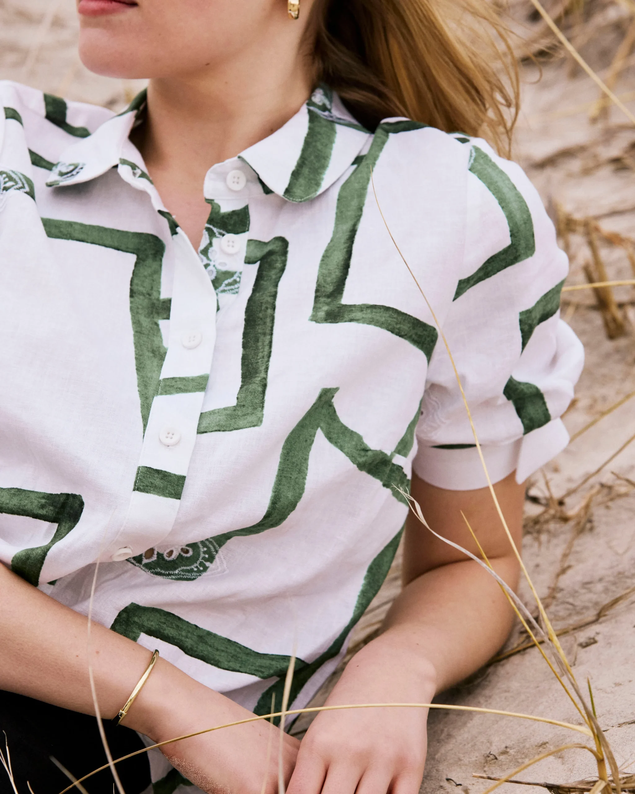 Luisa Short Sleeve Linen Blend Shirt Green Paint Print