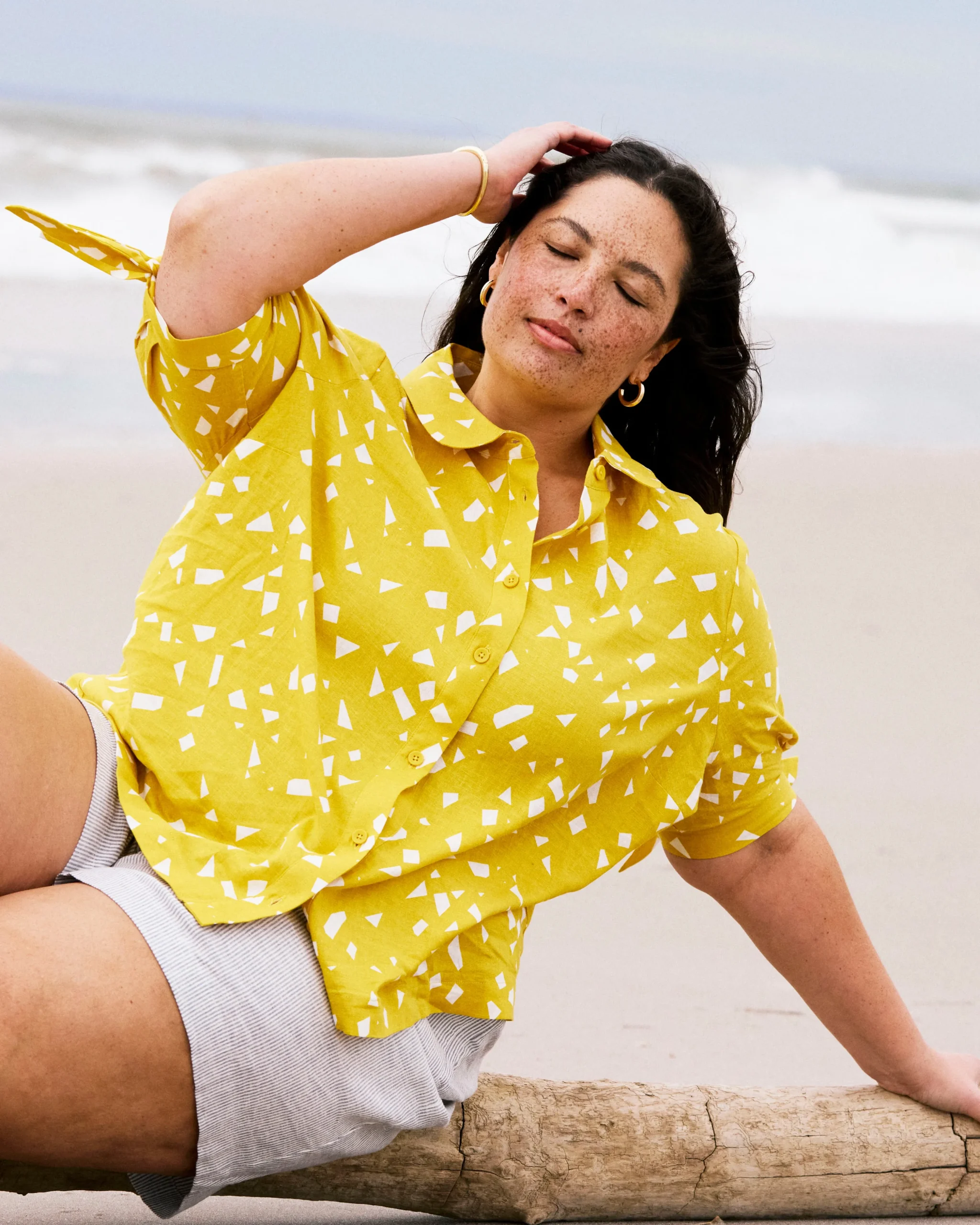 Luisa Short Sleeve Linen Blend Shirt Yellow Confetti Print
