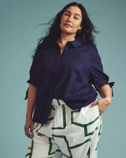 Luisa Short Sleeve Linen Blend Shirt Navy