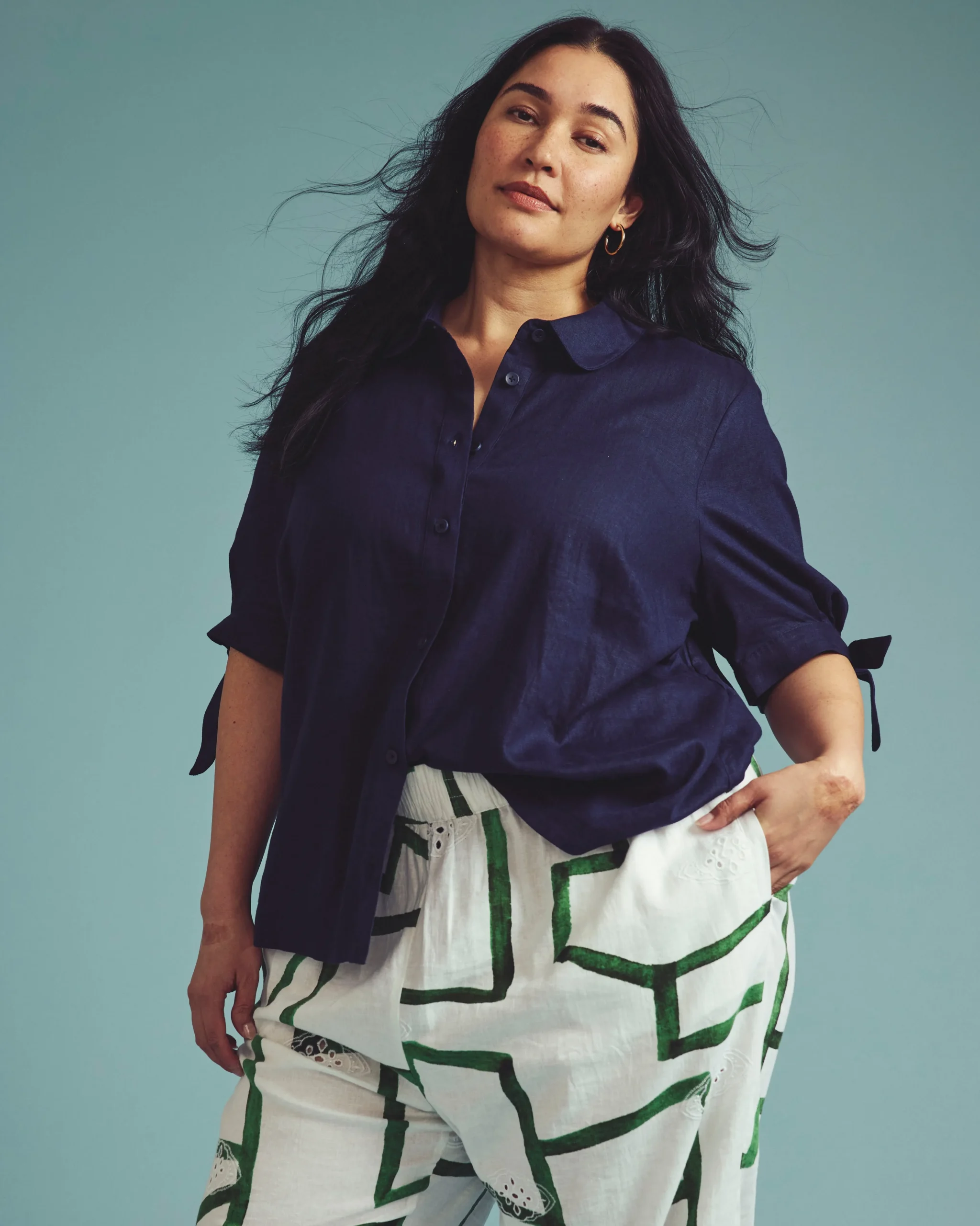 Luisa Short Sleeve Linen Blend Shirt Navy