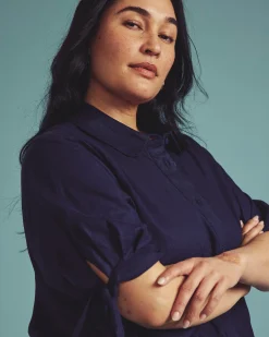 Luisa Short Sleeve Linen Blend Shirt Navy