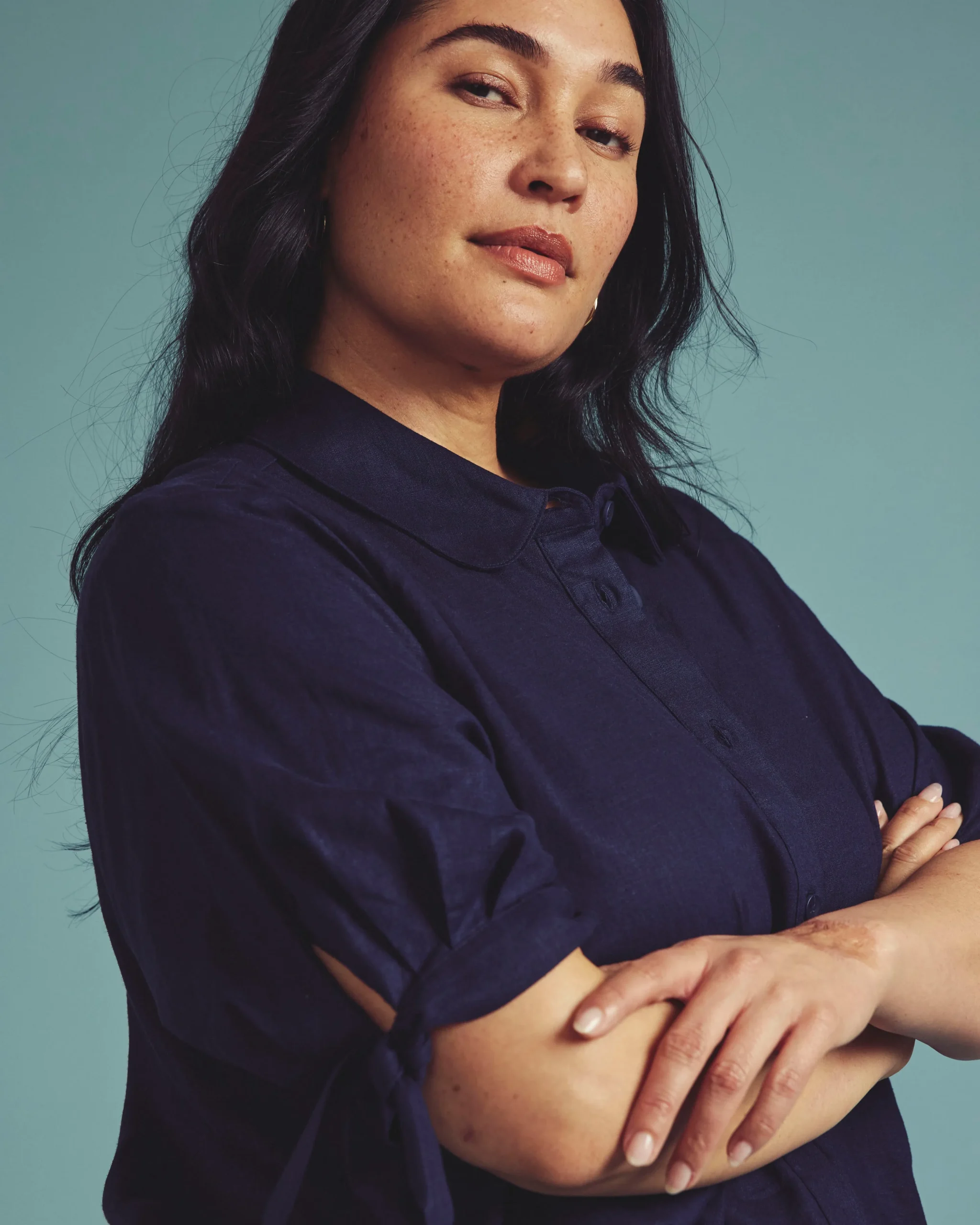 Luisa Short Sleeve Linen Blend Shirt Navy