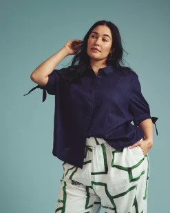 Luisa Short Sleeve Linen Blend Shirt Navy