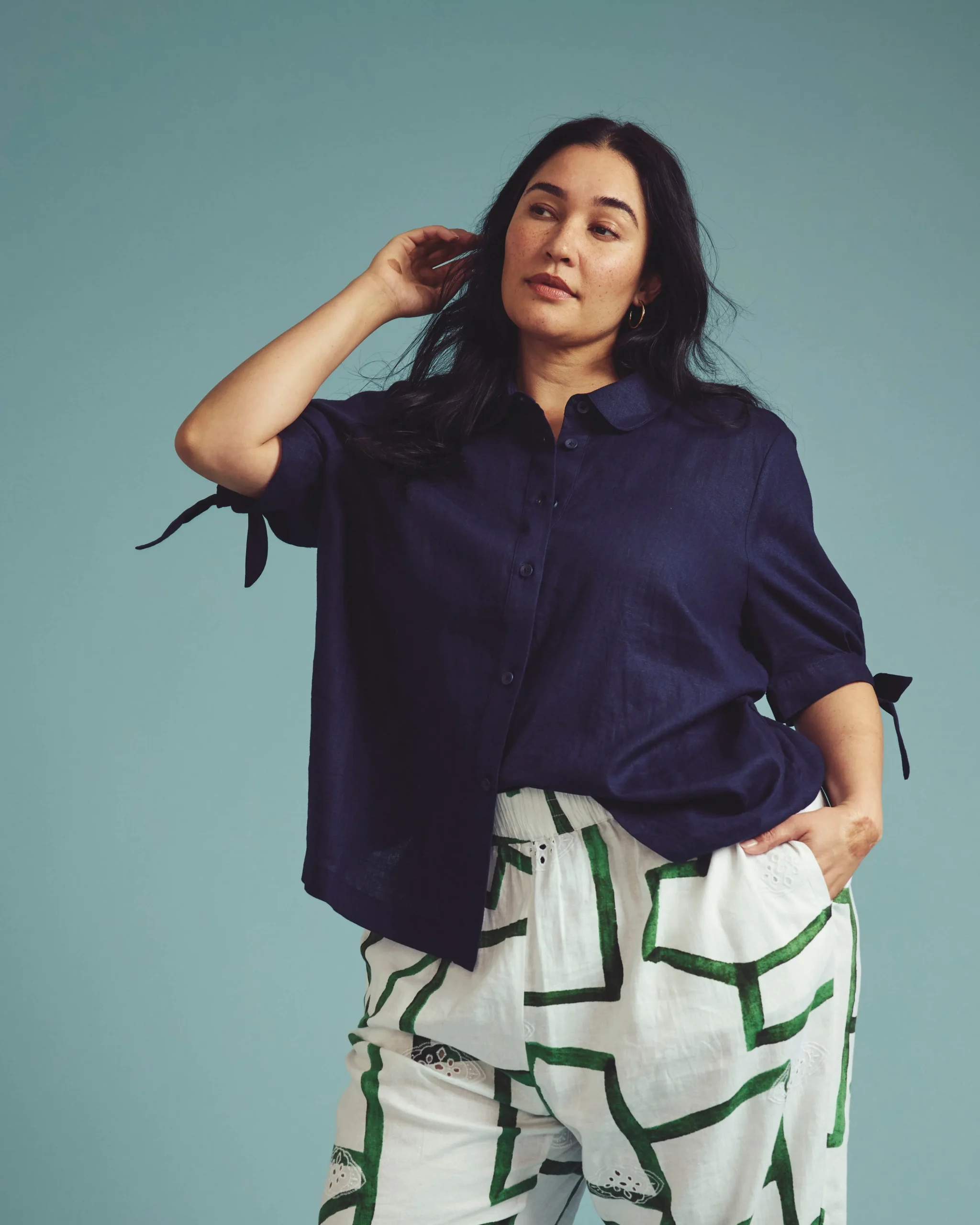 Luisa Short Sleeve Linen Blend Shirt Navy