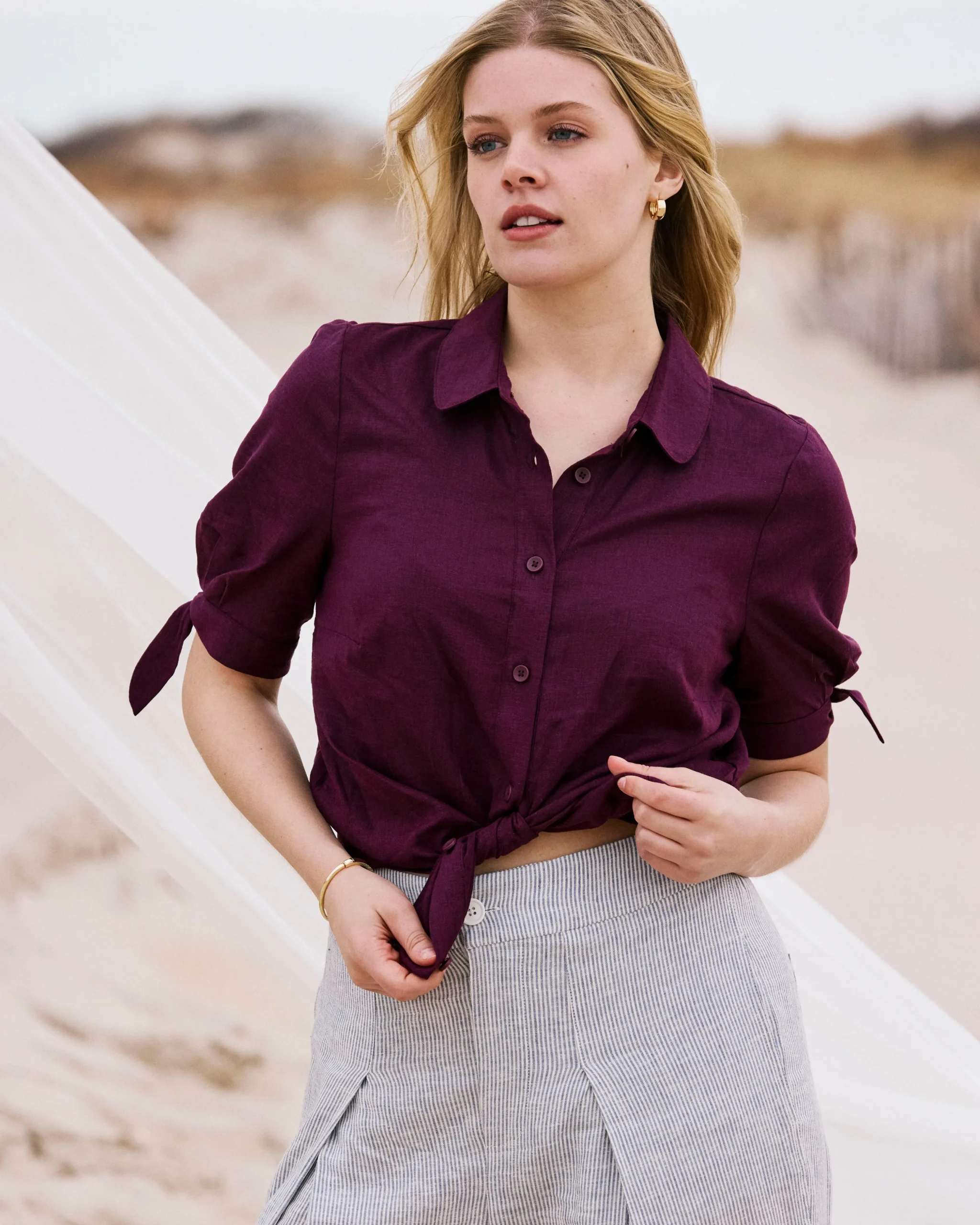 Luisa Short Sleeve Linen Blend Shirt Acai
