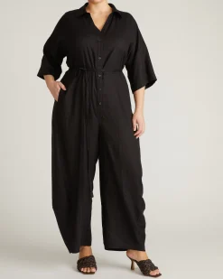 Maggie Barrel Leg Linen Blend Jumpsuit Black