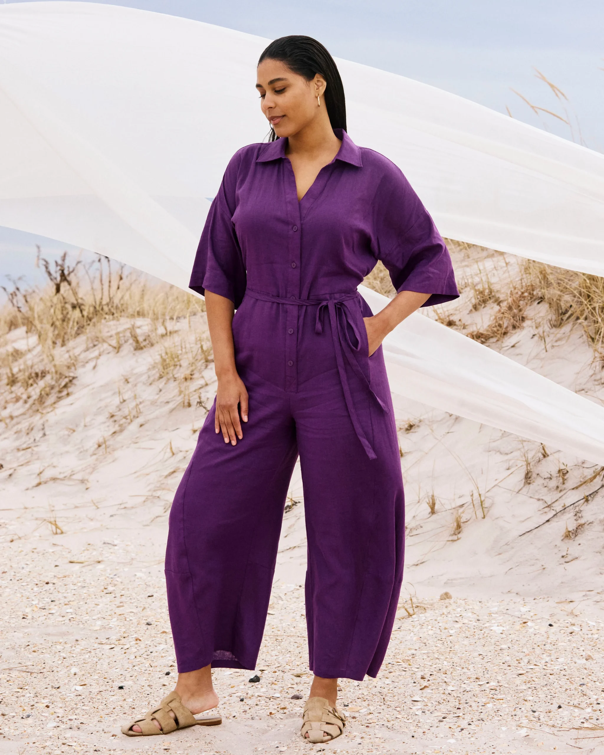 Maggie Barrel Leg Linen Blend Jumpsuit Dreamy Purple