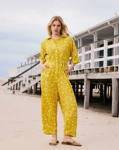 Maggie Barrel Leg Linen Blend Jumpsuit Yellow Confetti Print