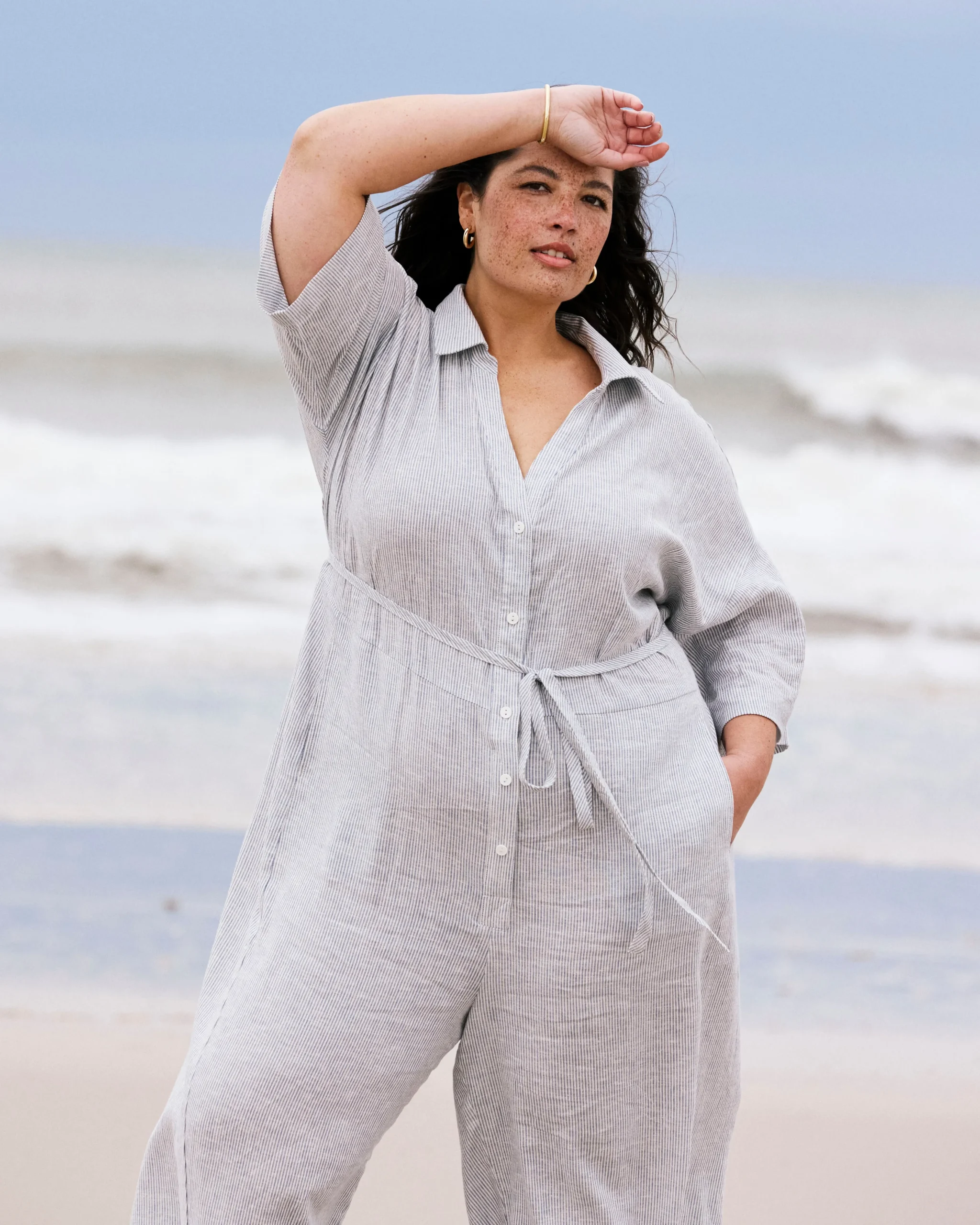 Maggie Barrel Leg Linen Blend Jumpsuit Beach Stripe