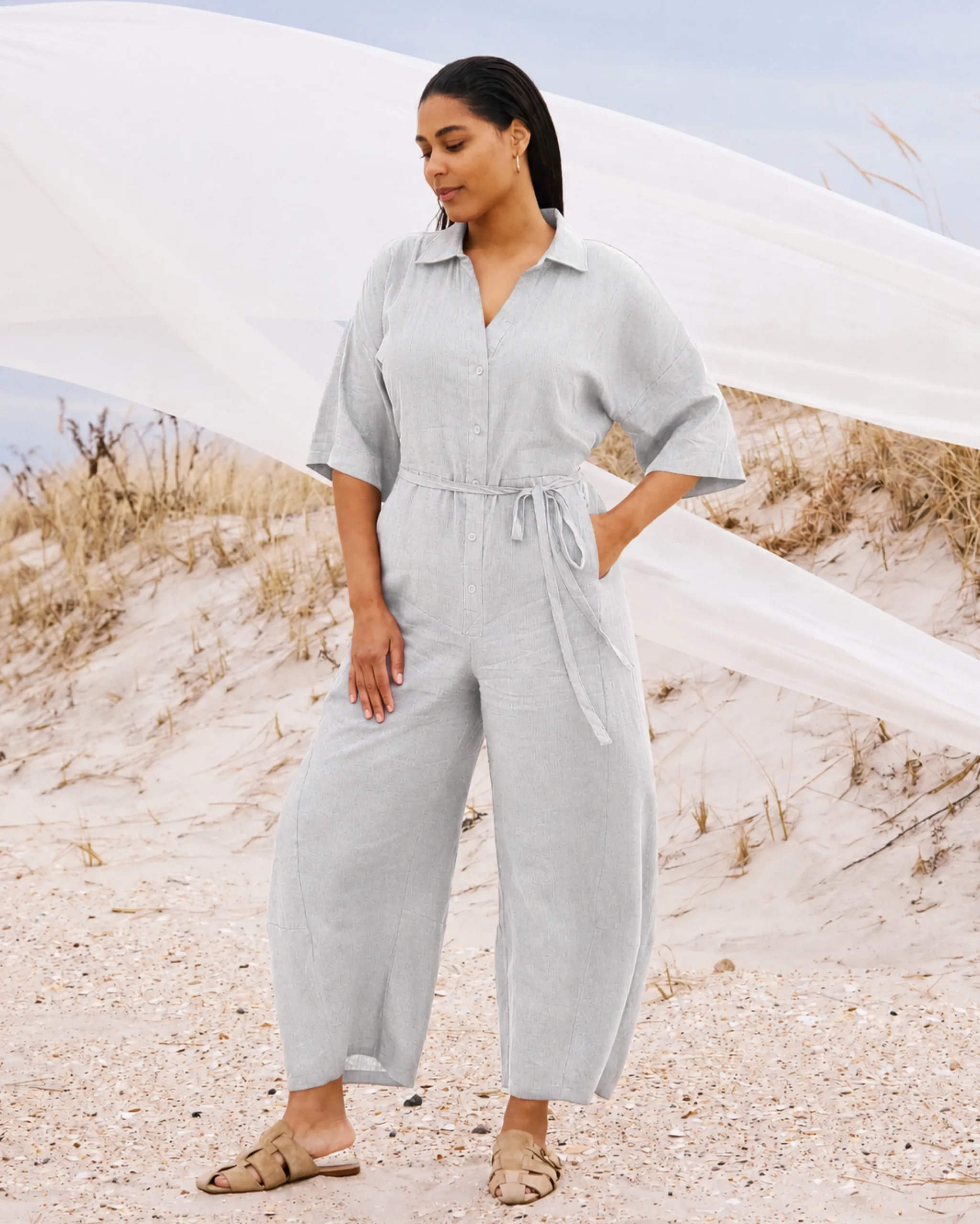 Maggie Barrel Leg Linen Blend Jumpsuit Beach Stripe