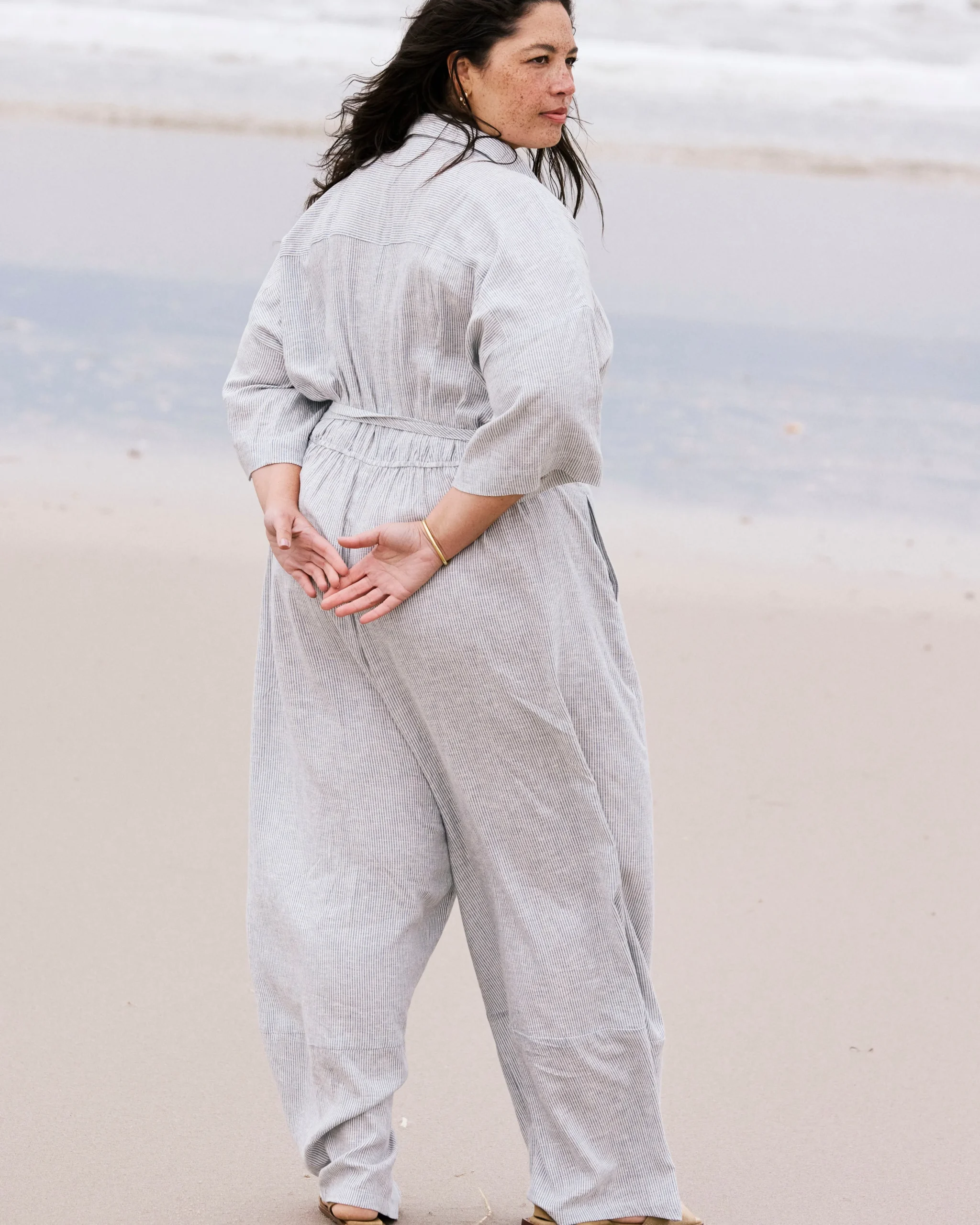 Maggie Barrel Leg Linen Blend Jumpsuit Beach Stripe