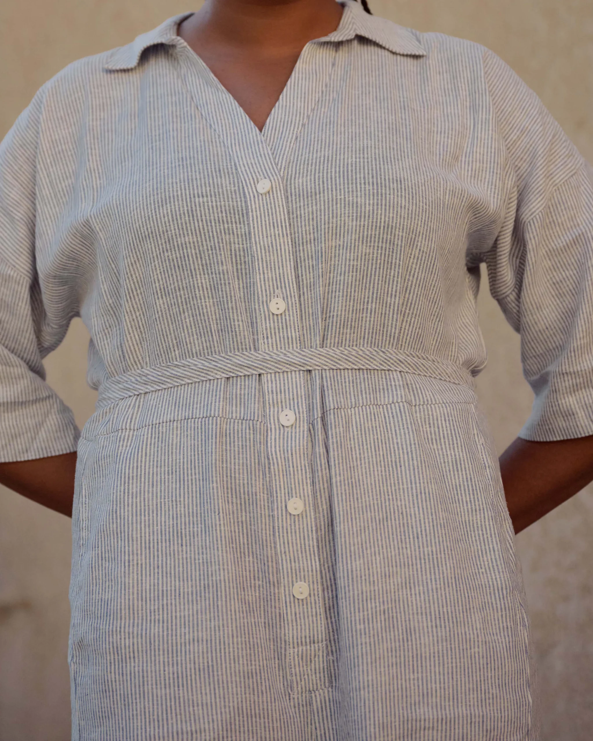 Maggie Barrel Leg Linen Blend Jumpsuit Beach Stripe