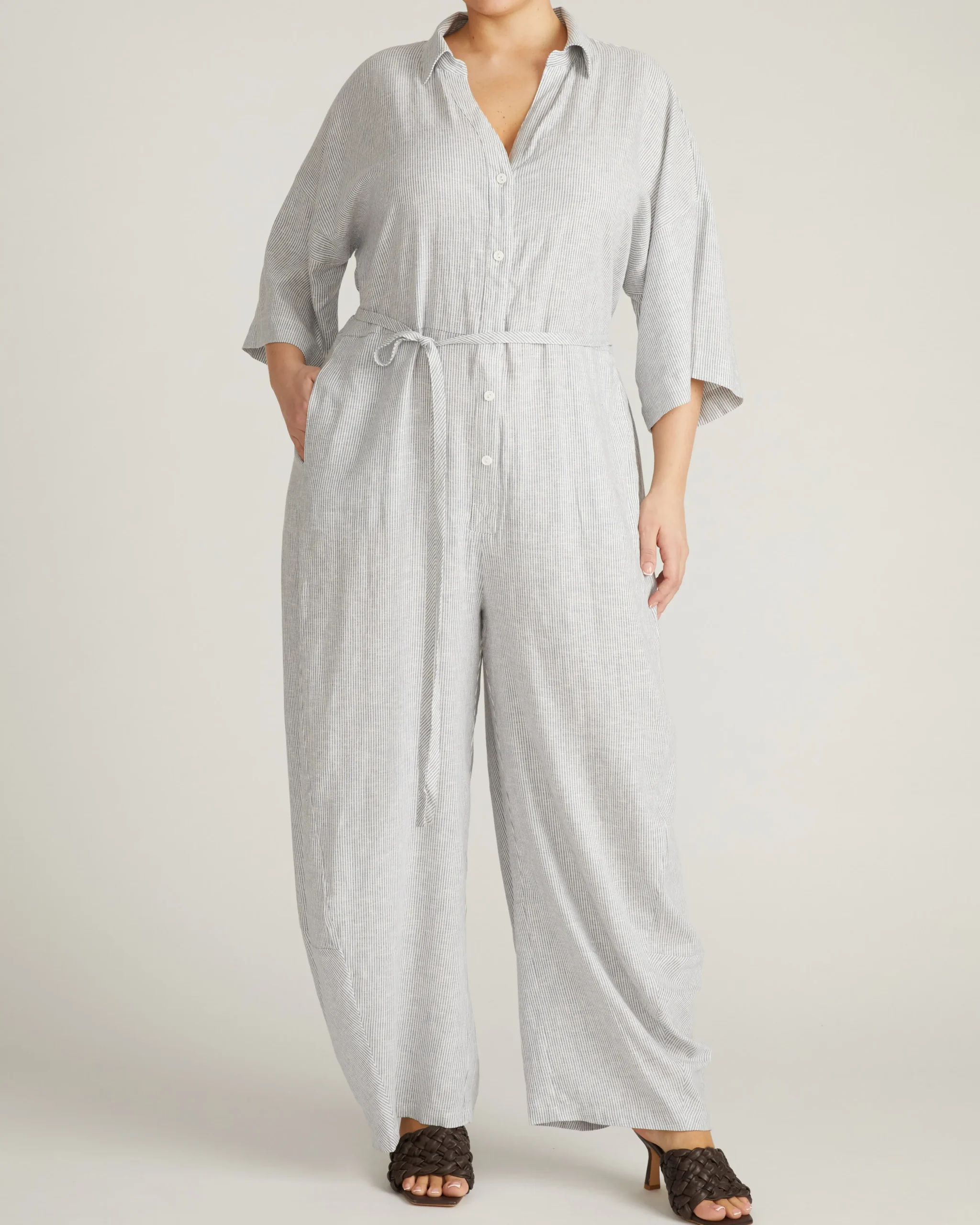 Maggie Barrel Leg Linen Blend Jumpsuit Beach Stripe