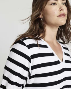 Maia Stovepipe Sleeve V Neck Tee Black/White Stripe